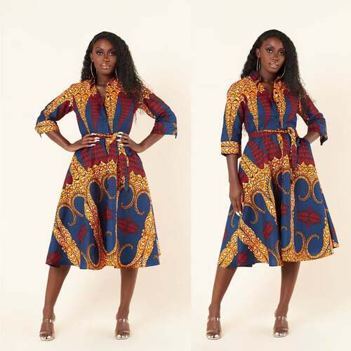 非洲时尚女装 中长袖印花衬衫连衣裙African print shirt dress