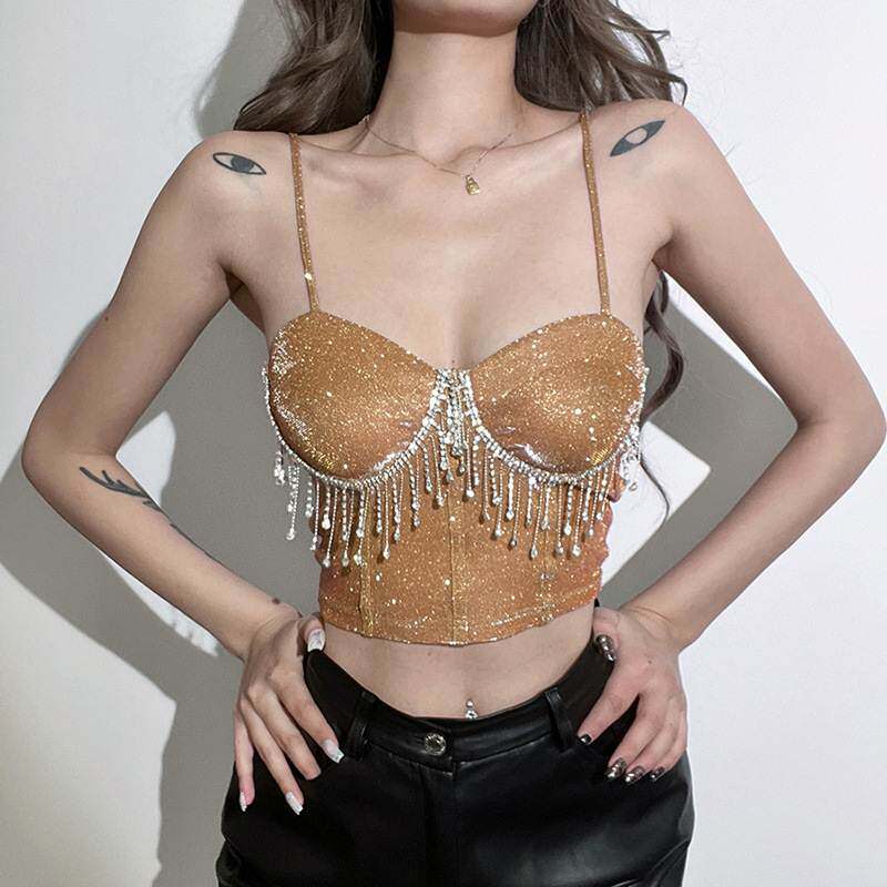 Ahagaga 欧美辣妹风性感一字领亮钻流苏吊带背心时尚修身短款上衣