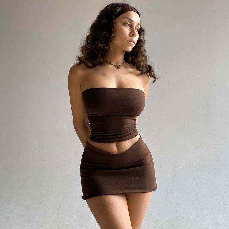 欧美性感辣妹一字抹胸短款露脐上衣修身短款半身裙休闲气质套装女