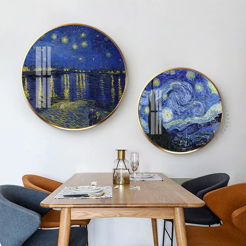 梵高星空麦田轻奢艺术装饰画北欧餐桌厅卧室走廊家居高级圆形挂画图片