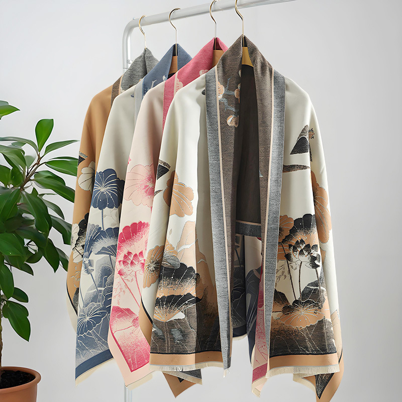 日本品质双面围巾女冬季新款水墨画围脖外搭仿羊绒淑女ins保暖空