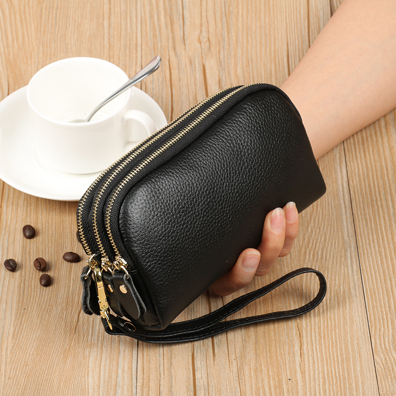 日本品质2025新款三层拉链女式手拿包软皮可装手机包零钱包头层牛