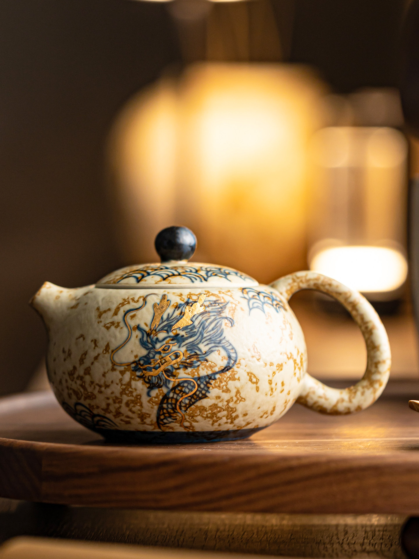 轻奢红燧石蓝白手绘鎏金吉祥龙国风高档茶壶单壶陶瓷办公茶具礼盒