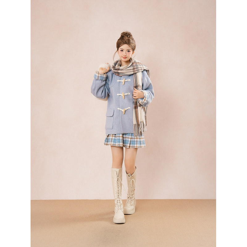 拼接格子JK秋冬粉蓝牛角扣毛呢夹棉外套,女装/女士精品,时尚套装,淘宝优惠券,粉丝福利购,淘宝优惠卷