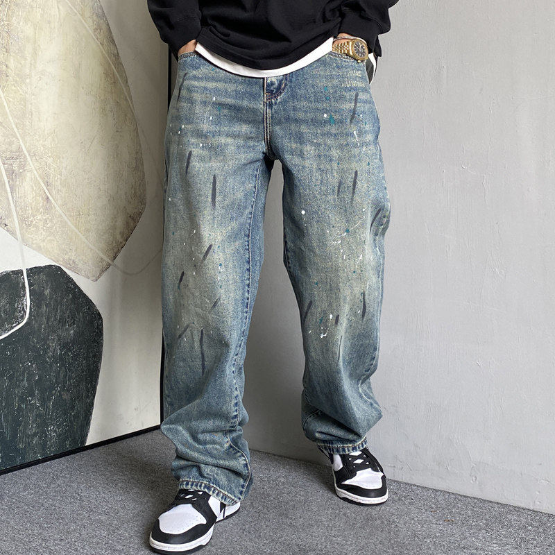 秋季美式休闲痞帅复古做旧泼墨牛仔裤男直筒宽松百搭高街阔腿裤子,男装,牛仔裤,淘宝优惠券,粉丝福利购,淘宝优惠卷