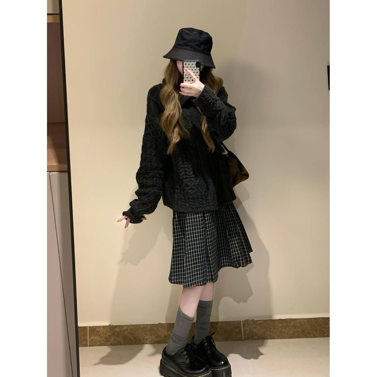 慵懒风套装宽松麻花针织毛衣外套女冬季复古格子百褶半身裙两件套