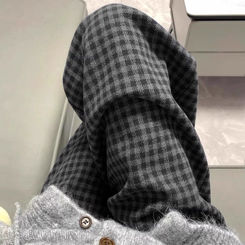 黑灰色毛呢格子休闲裤女秋冬加绒大码胖mm高腰遮胯垂感显瘦阔腿裤