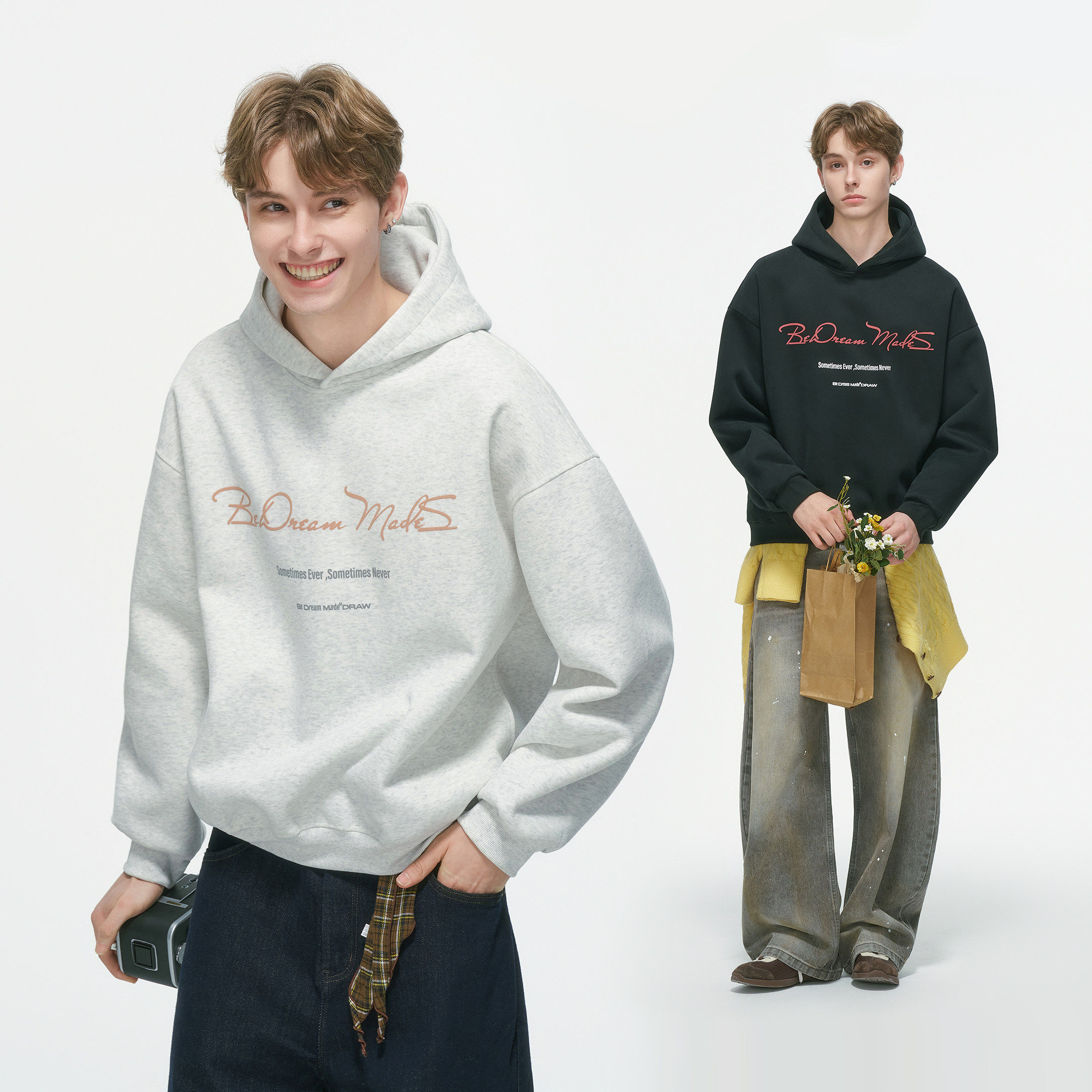 Dream made 美式连帽灰色卫衣男2025秋冬季新款加绒加厚男生外套