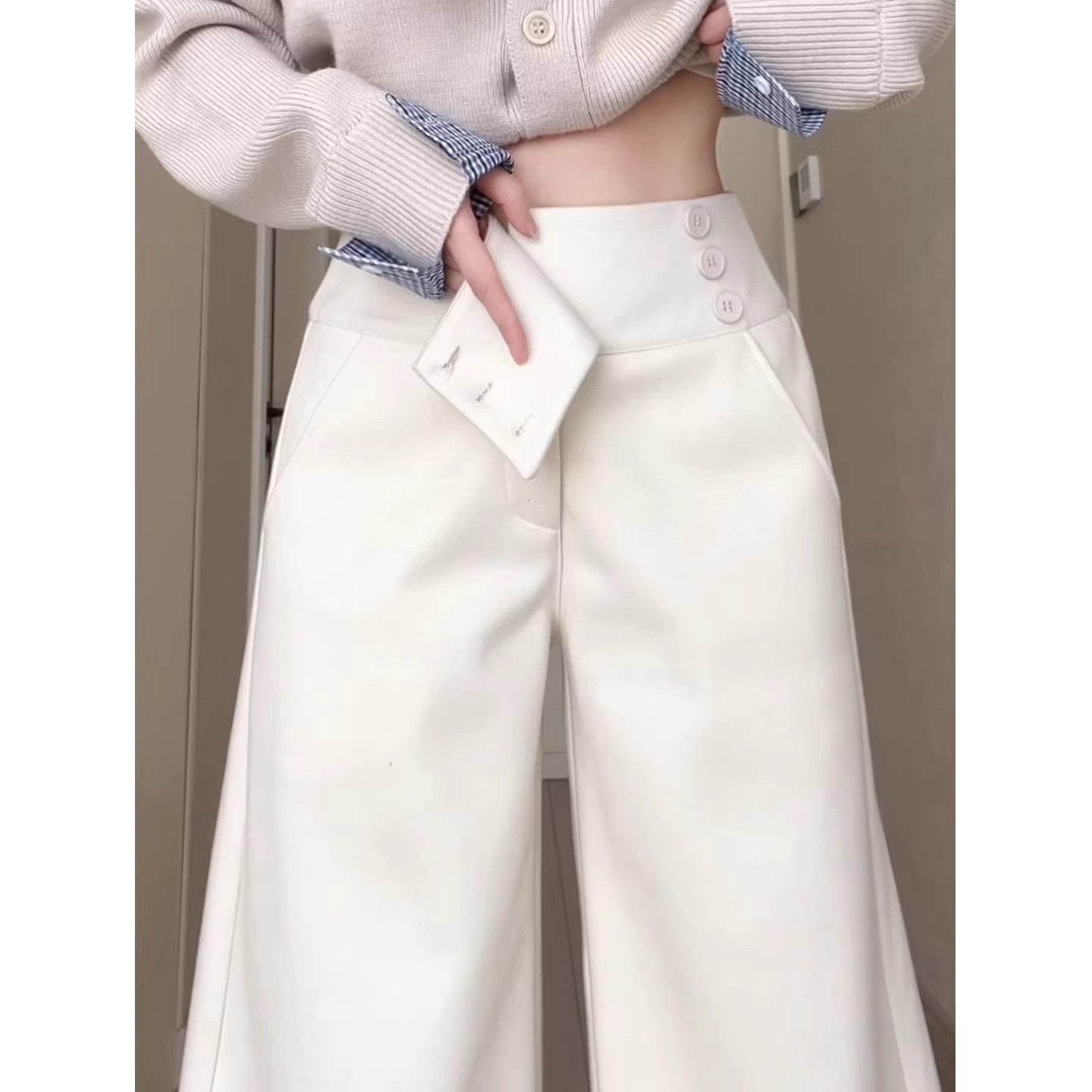 米白色毛呢阔腿裤女秋冬季新款慵懒风宽松直筒裤小个子加厚西装裤