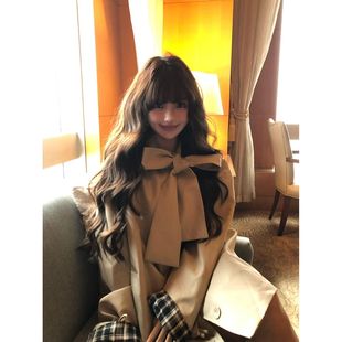 英伦风蝴蝶结格纹风衣外套女秋冬季2026新款小个子宽松中长款大衣