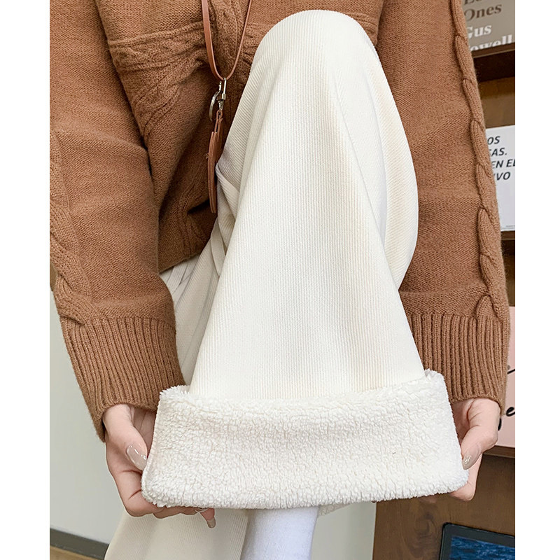 羊羔绒裤子女高腰灯芯绒阔腿裤加绒加厚直筒2025秋冬棉裤白色裤子