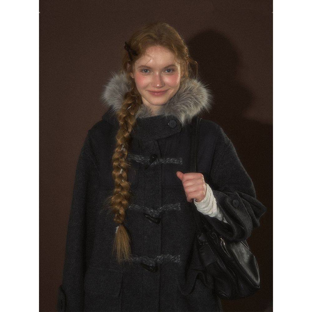 灰色牛角扣毛呢外套女中长款2025秋冬新款小个子加厚连帽呢子大衣,女装/女士精品,毛呢外套,淘宝优惠券,粉丝福利购,淘宝优惠卷