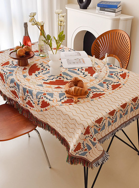 跨境美式流苏桌布棉麻餐桌台布茶几盖巾户外露营毯野餐垫野营桌布
