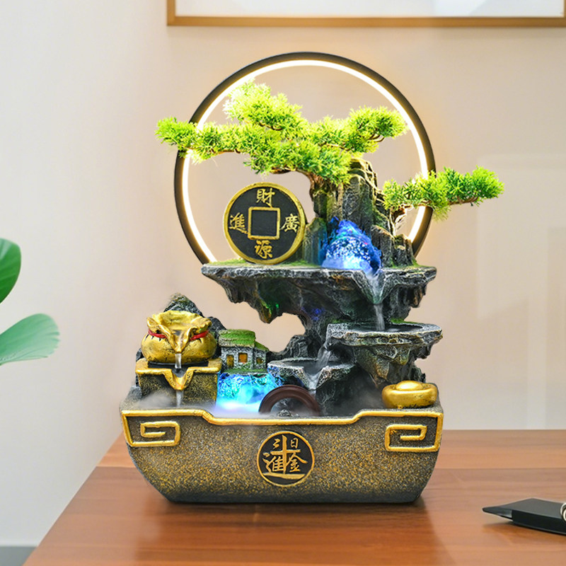 桌面风车流水摆件循环水办公招财生财风水轮装饰开业假山鱼缸转球