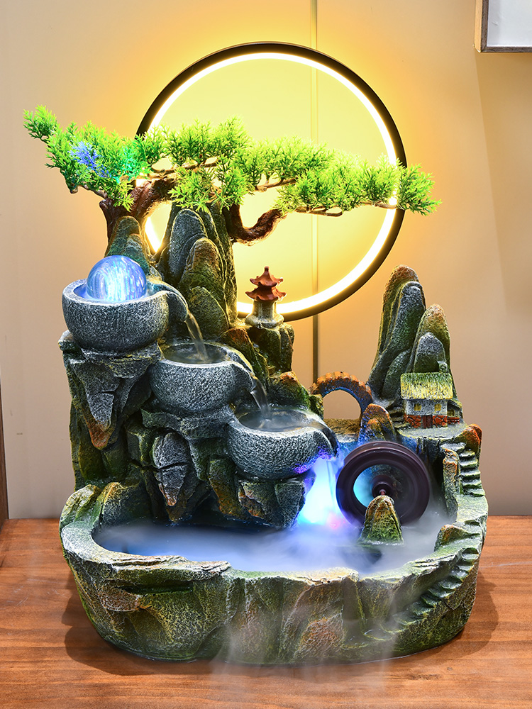 中国高山流水饰品循环水客厅鱼缸假山水轮喷泉盆景装饰风水轮转球