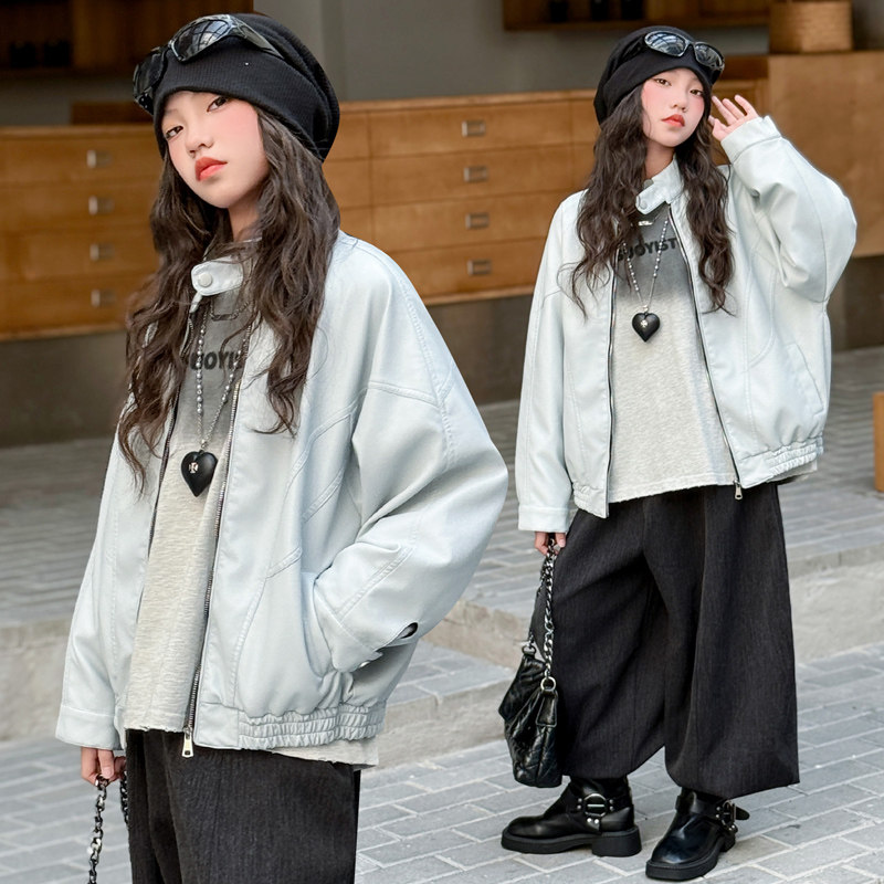 皮衣女款2025新款女童夹克衫气质机车风保暖亲肤拉链国潮ins黑色