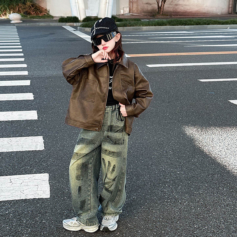 女童皮衣女款2025新款服饰保暖小众儿童装加厚防水上衣洋气立领