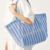 梵花不语大容量敞口条纹单肩包女简约托特包清新文艺布包度假风包