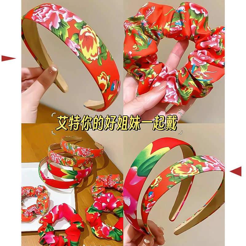 网红新中式东北大花国潮蝴蝶结发箍个性搞笑发饰新年2024大红喜庆