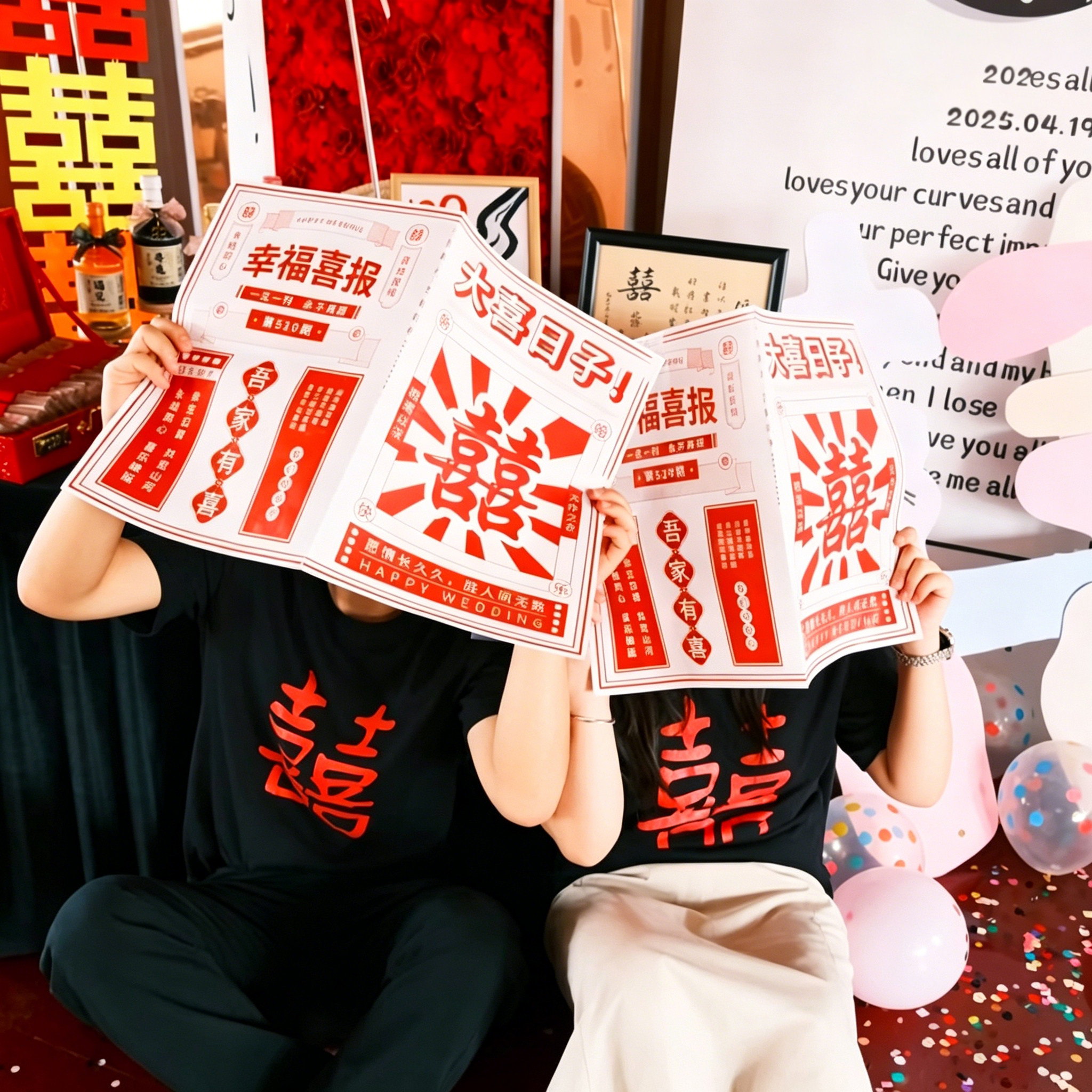 结婚喜字报纸晨袍接亲拍照小道具新娘领证喜报伴娘姐妹团拍摄用品