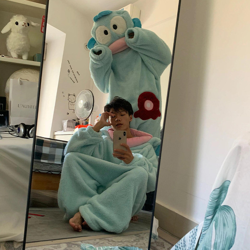 丑鱼睡衣丑鱼连体睡衣女款秋冬季珊瑚绒加厚情侣搞怪男款成人一体