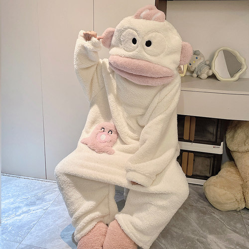 丑鱼睡衣丑鱼连体睡衣女珊瑚绒秋冬季加厚保暖搞怪卡通睡袍男士长