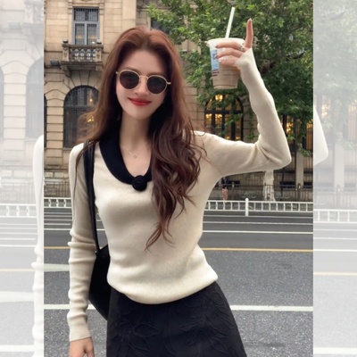 法式撞色拼接V领长袖针织