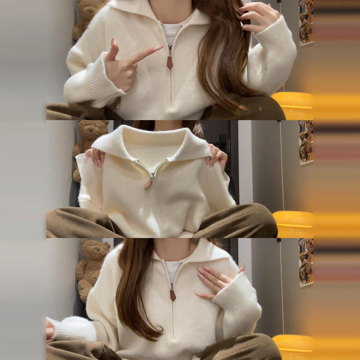 白色翻领套头毛衣女秋冬