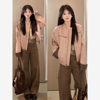 2025新款巨好看的早秋一整套装女撞色皮衣夹克外套针织开衫阔腿裤