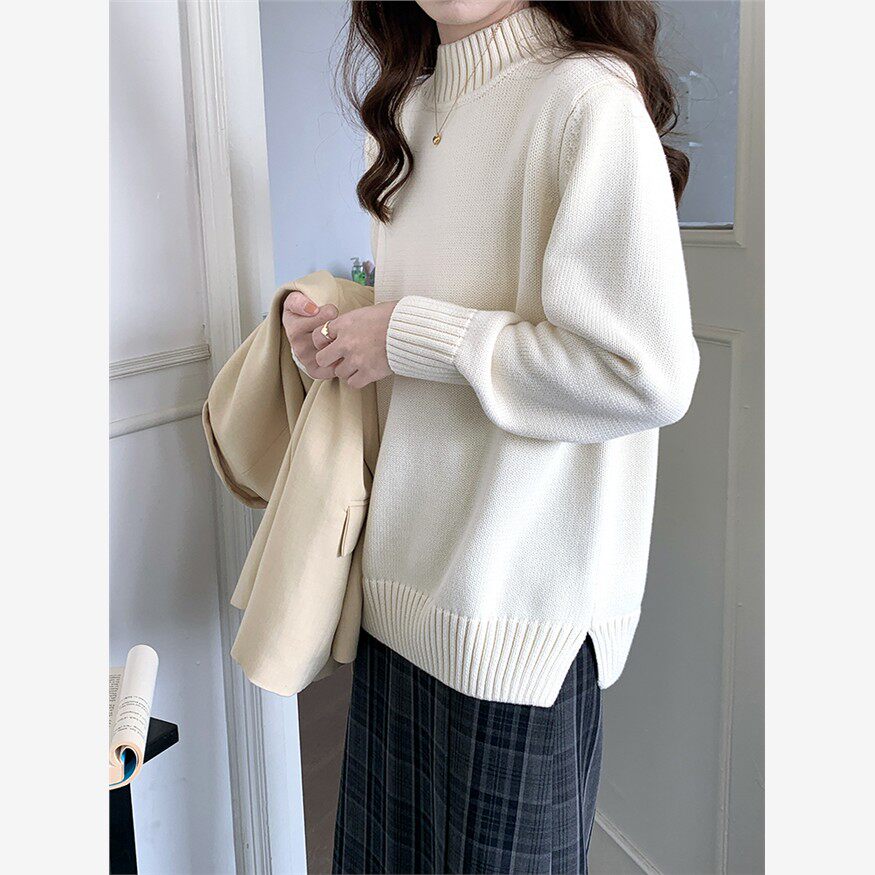 全棉秋冬女式半高领毛衣，宽松外搭，慵懒风格，加厚套头针织下装