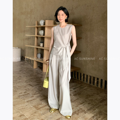 AC SUNSHINE天丝亚麻绑带收腰现代通勤上衣+西裤降温套装女夏8501
