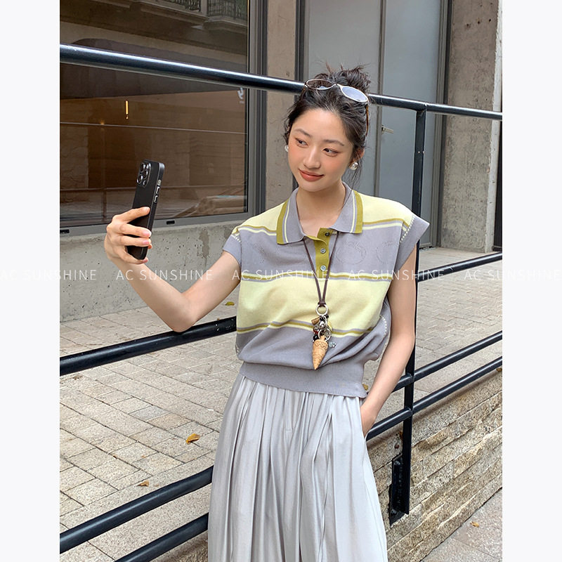 AC SUNSHINE轻运动系列活力复古撞色条纹POLO衫套头上衣女H19692