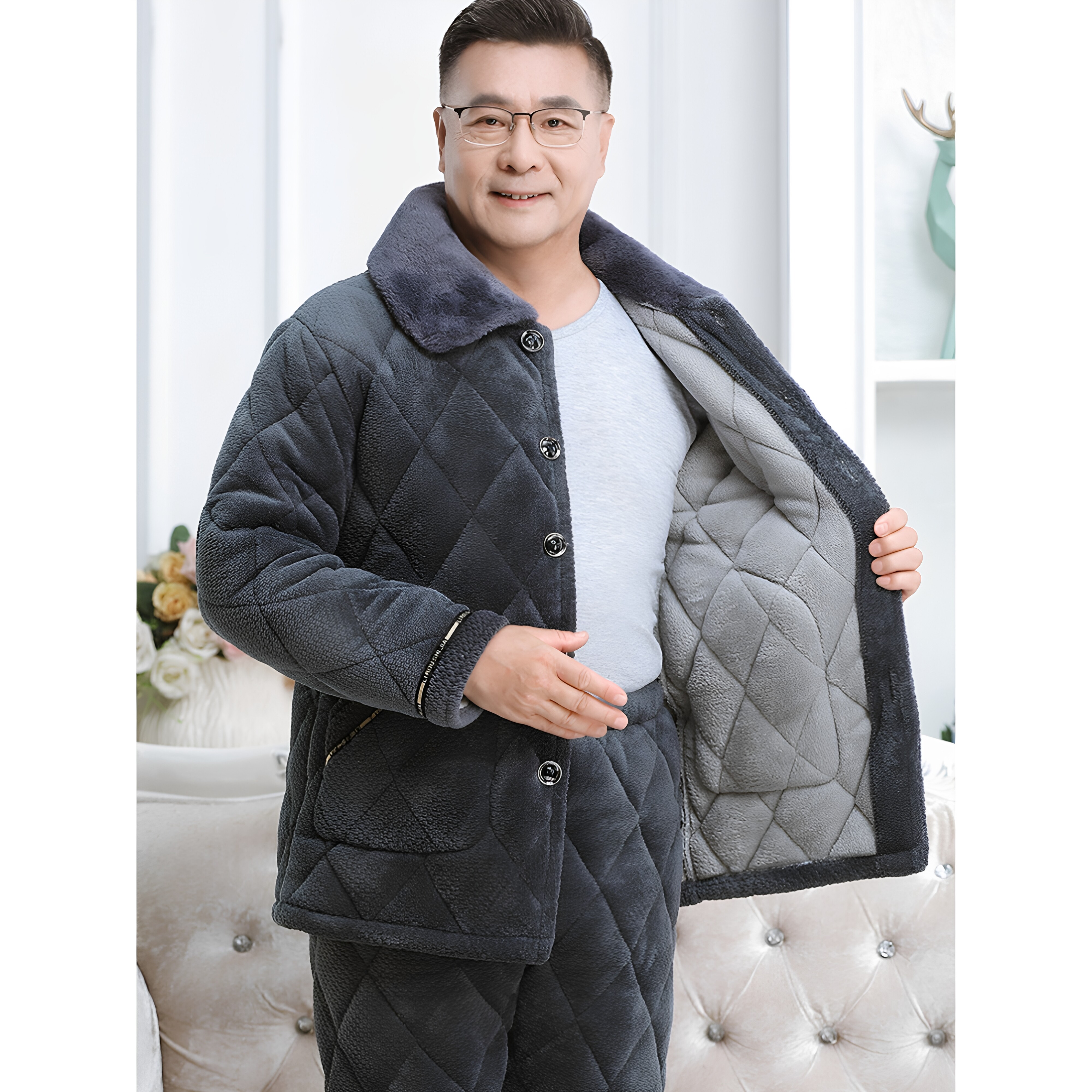 全棉纯棉睡衣男士冬季加厚加绒珊瑚绒夹棉三层保暖中老年人爸爸家