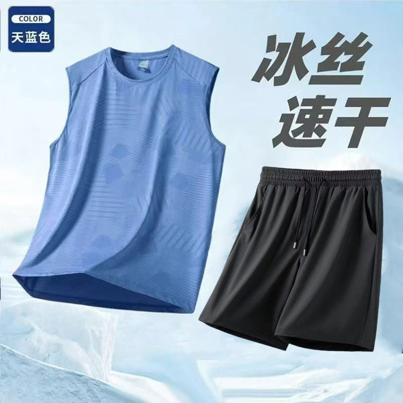 厂家批发男款无袖t恤短裤男士夏季薄款透气宽松速干背心运动套装图片