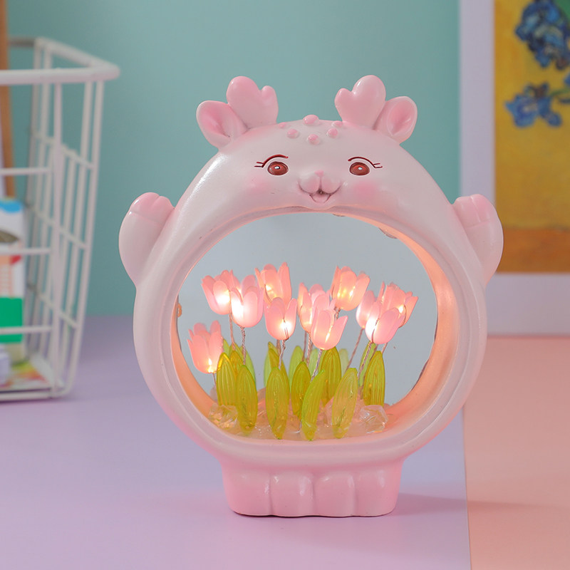 卡通郁金香小夜灯镜子摆件diy手工生日礼物女生闺蜜儿童女孩实用