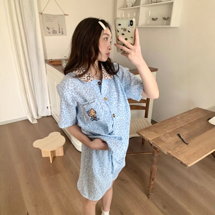 蓝豹纹带胸垫睡衣女款夏季短袖短裤长裤三件套可爱KT猫少女家居服