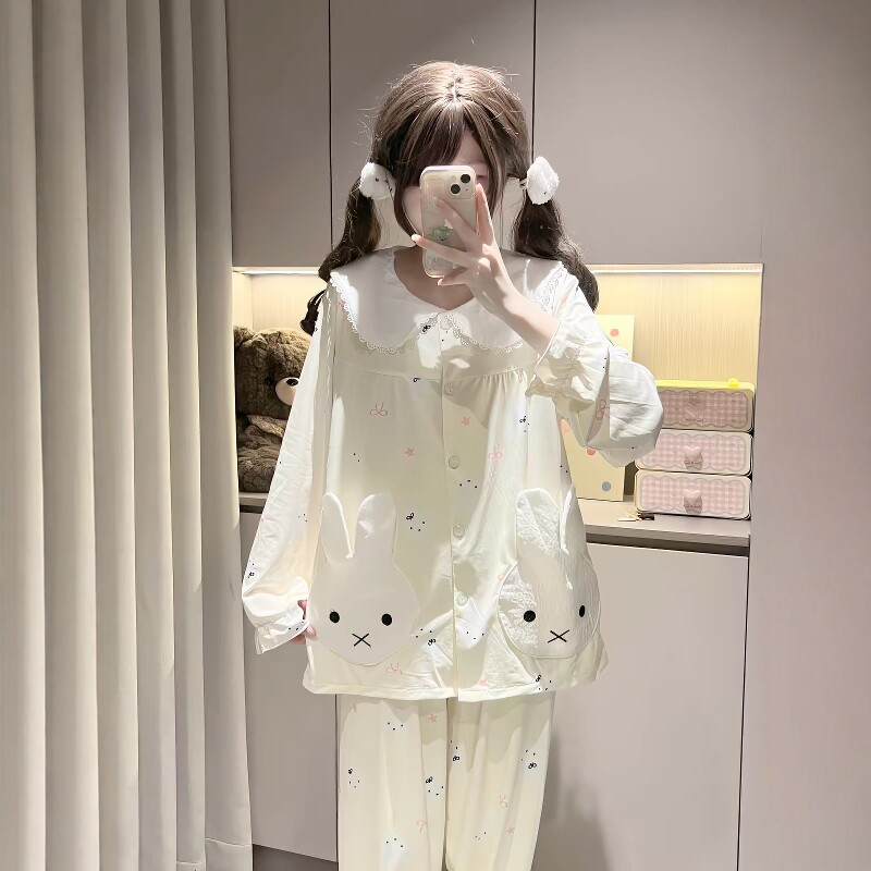 原创！秋季新款可爱卡通黄色小奶兔娃娃领睡衣女家居服套装可外穿