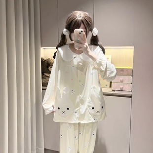 原创！秋季新款可爱卡通黄色小奶兔娃娃领睡衣女家居服套装可外穿