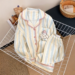 条纹小狗2025新款睡衣女款春秋季双层纯棉纱布卡通学生长袖家居服
