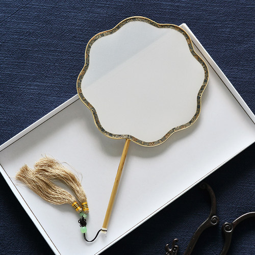 长柄空白真丝团扇湘妃竹柄扇面圆形熟绢作可画工笔国画刺绣宫扇