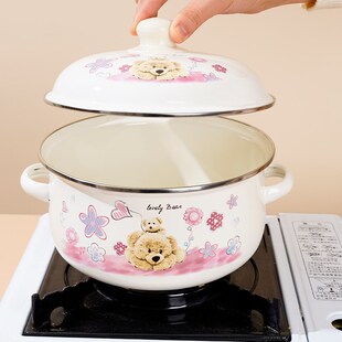 双耳搪瓷小锅带盖汤碗卡通搪瓷泡面碗家用猪油盆耐高温搪瓷油罐子