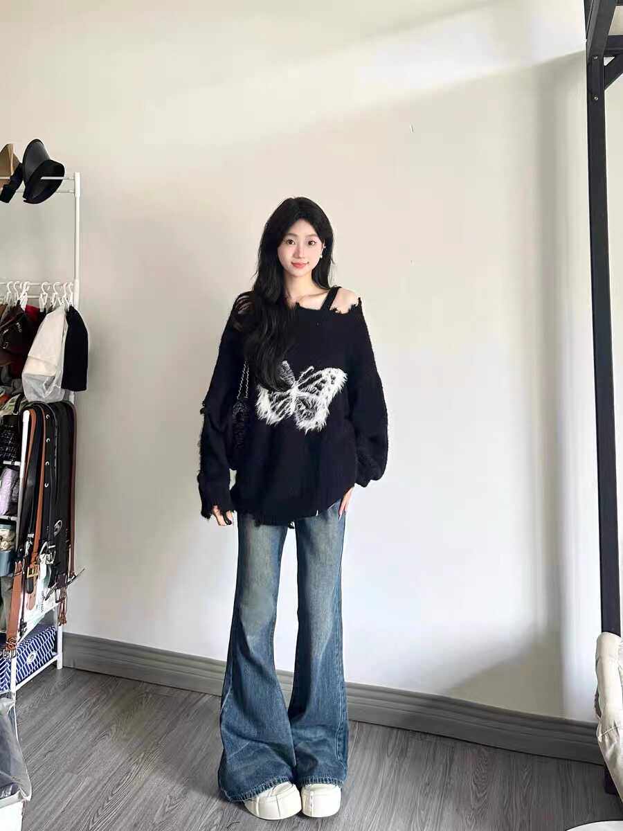 新款蝴蝶结设计感慵懒风露肩毛衣外套女宽松秋冬破洞针织衫上衣