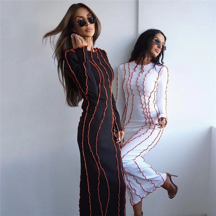 欧美性感修身坑条圆领反车长裙连衣裙 sexy bodycon midi dress