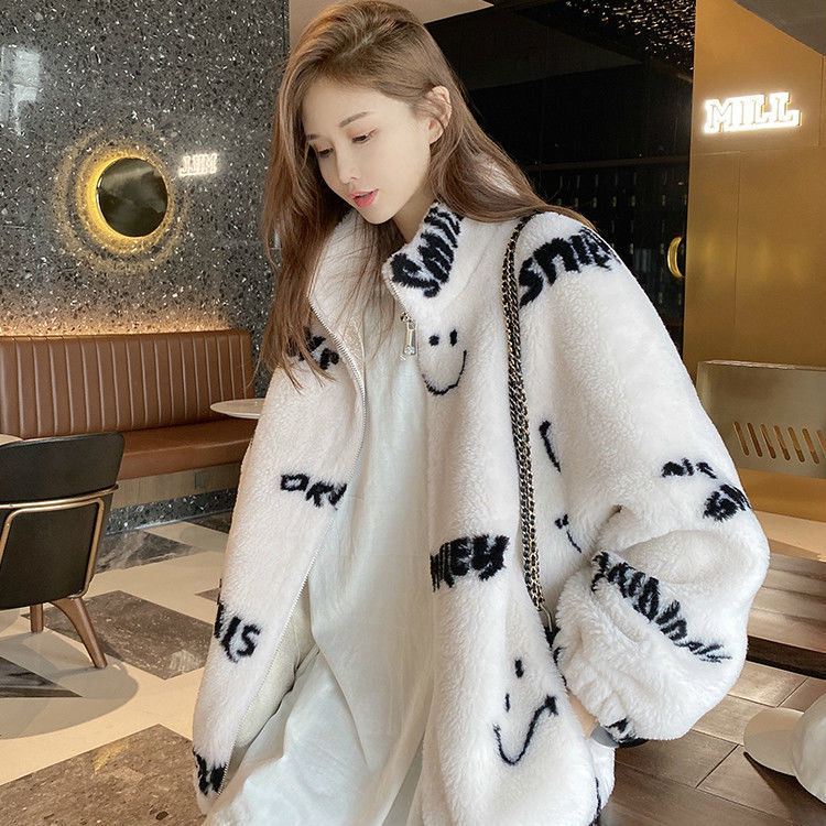 卫衣女2025秋冬加绒加厚新款一体颗粒羊剪绒宽松大衣笑脸连帽外套