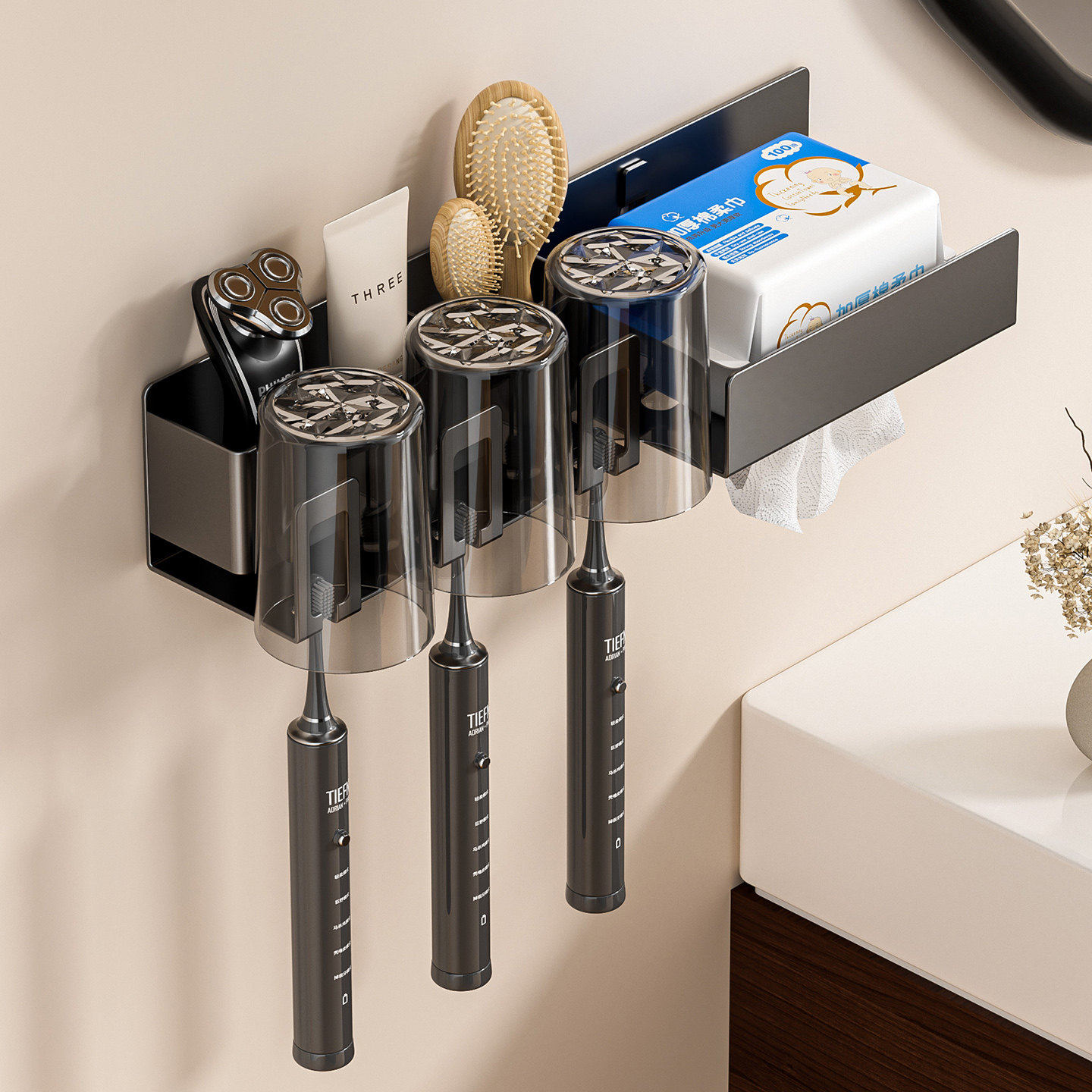 牙刷架卫生间浴室置物架免打孔壁挂多杯位电动牙刷收纳架吹风机架,家庭/个人清洁工具,吹风机置物架,淘宝优惠券,粉丝福利购,淘宝优惠卷