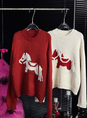 MBS.欧洲站新款南油高端慵懒风小马印花针织衫圆领百搭纯色毛衣女