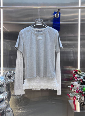 MBS.欧洲站新款BābyChìlling南油假两件T恤蕾丝拼接长袖上衣女