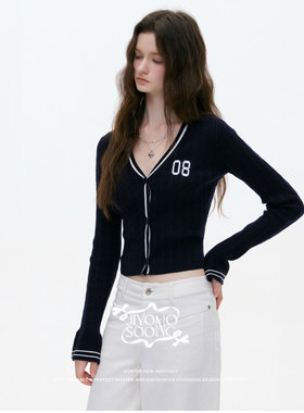 MBS.欧洲站新款JIYOOSOONG学院风撞色修身V领上衣撞色边针织开衫