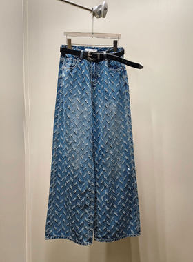 MBS.欧洲站新款HELMCH深圳南油法式蓝色百搭阔腿裤高腰刺绣牛仔裤