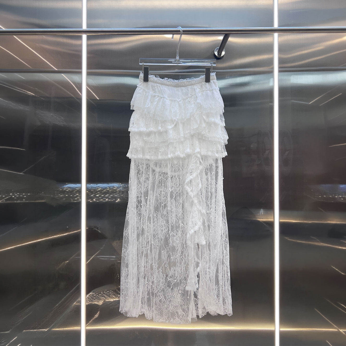 MBS.欧洲站新款辣妹性感蕾丝荷叶边蛋糕裙开叉修中长款百搭半身裙